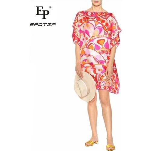 New 2018 Fashion Designer Dress Womens Short Sleeves Red Geometric Print large size XXL Stretch Jersey Loose Silk Day Dress