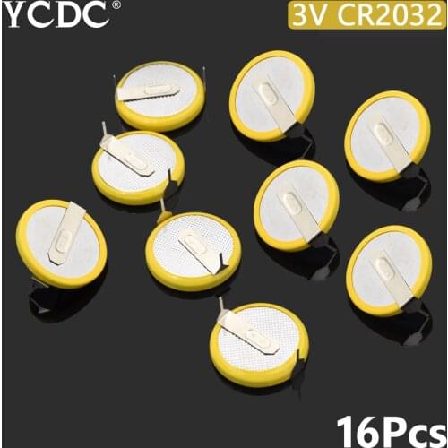16PCS/LOT CR2032 2032 With 180 degrees soldering foot 3V Li-ion battery Button Cell Battery For Main Board Remote Control Game