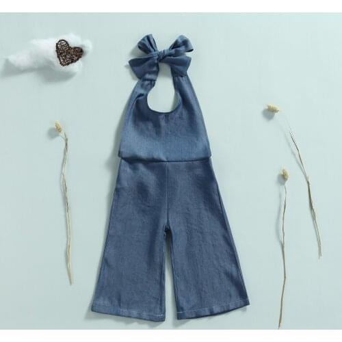 2021 Infant Denim Halter Romper, Baby Girls Tie-up Sleeveless Solid Color Jumpsuit (Blue)