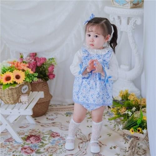 3PCS Autumn Winter Vintage Spanish Long Sleeve England style Lolita Flowers Plaid Dress For Cute Bady Girls Cotton A-line Dress