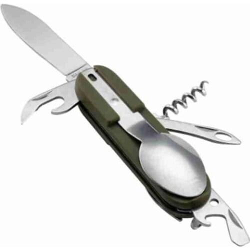 Steel Travel Kit Army Green Folding Camping Picnic Cutlery Knife Fork Spoon Bottle Opener Flatware Tableware Portable