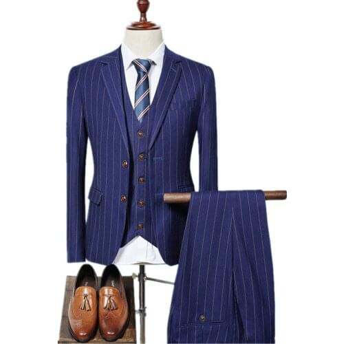 Wedding prom formal suits mens three-piece suit blazer + vest + pants striped mens business casual suit terno masculino