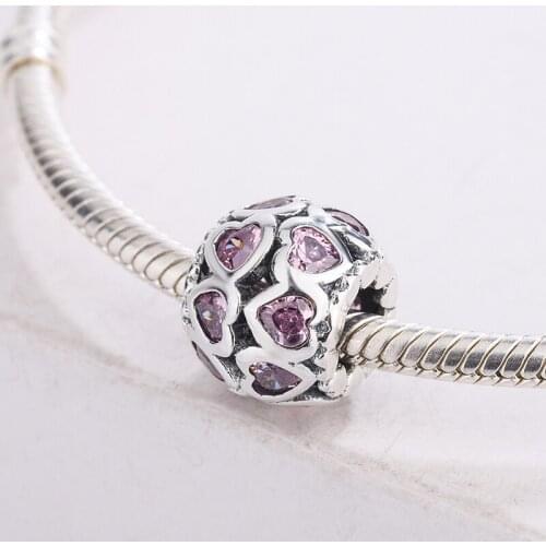 Fashion 925 Sterling Silver Enamel Pink Heart Love Crystal Pendant Charm Bracelet DIY Jewelry Making For Original Pandora