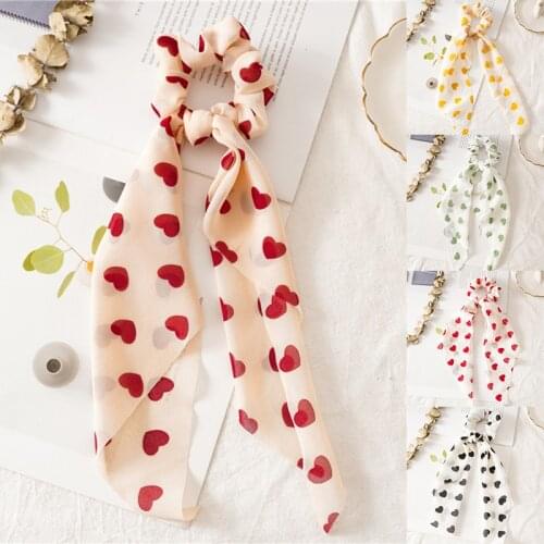 Peach Heart Print Bow Satin Long Ribbon Ponytail Scarf Hair Tie Scrunchies Women Girls Elastic Hair Bands Hair Accessories