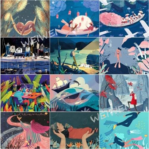 Full Circle Diamond Painting Diving Boat Fishing 5D Handmade Diamond Embroidery Mosaic Cartoon Landscape Art Kit Home Decoration