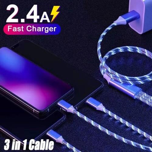 3 in 1 Glow Flowing Charger Cable Micro USB Type C 1.2M Cable Colorful LED Light Fast Charging Wire For iPhone 12 Xiaomi11 Redmi