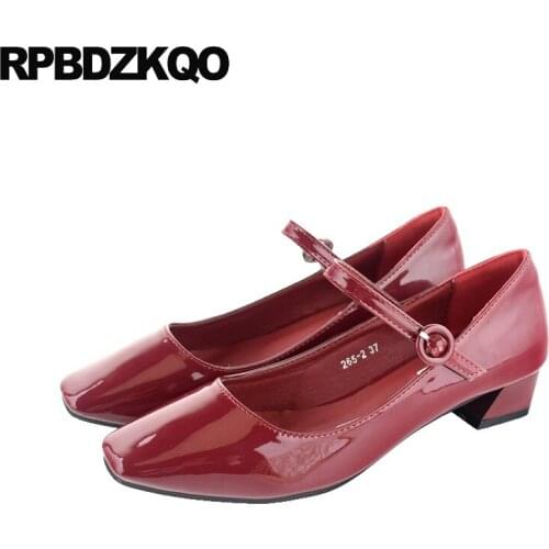 Retro 2019 low heels square toe ankle strap discount chunky block pumps wine red mary janes women shoes patent leather black