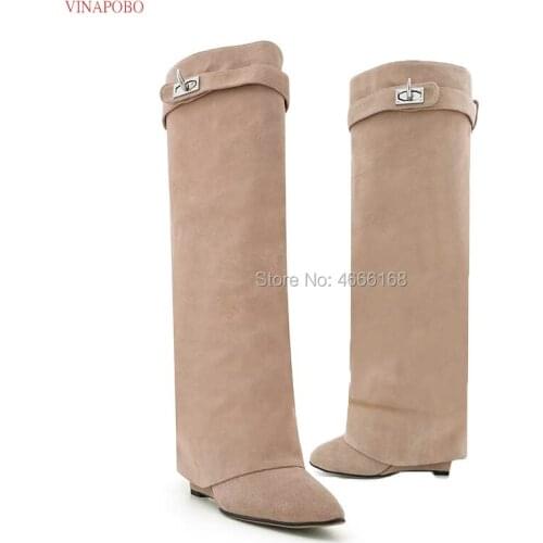 Vinapobo Women Luxury Brand Shark Lock Knee High long Boots Folded Leather Motorcycle Boots Wedge Heel Height Increasing Boots