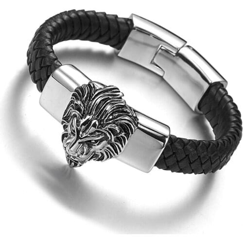 Granny Chic Black Genuine Leather Man Bracelets For Men Punk Stainless Steel Lion Head Mens Bracelets & Bangles Friends Jewelry