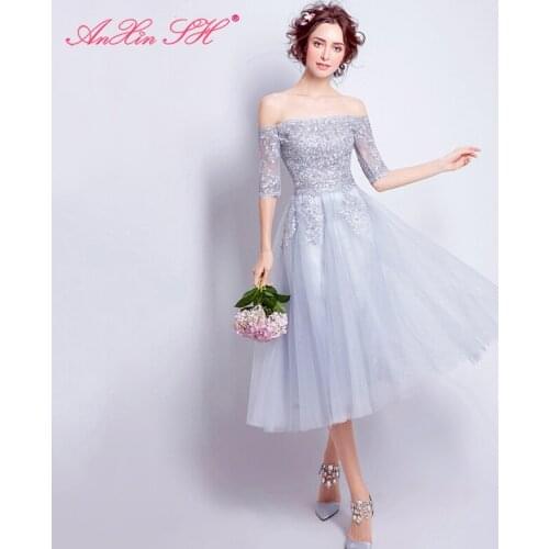 AXJFU Silver lace evening dress bride dinner party evening dress short paragraph boat neck princess grey lace evening dress 6878