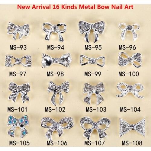 Free Shipping 100pcs Mix Sizes Wholesale 3D Clear Alloy Rhinestone Bow Tie Nail Art Slices DIY Metal Nail Art Decorations