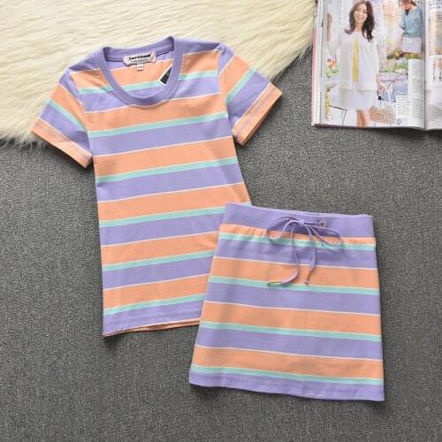 Women Two Pieces Set Striped T Shirts And Skirt Cotton Summer Short Sleeve O-Neck Casual Sportswear Causal Outfit Woman S-2XL