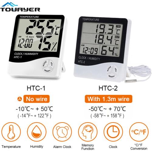 LCD Electronic Digital Temperature Humidity Meter Indoor Outdoor Thermometer Hygrometer Weather Station Clock HTC-1 HTC-2
