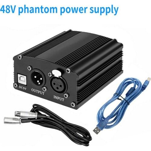 1-Channel 48V Microphone Phantom Power Supply with Adapter XLR Audio Cable for Condenser Microphone Recording