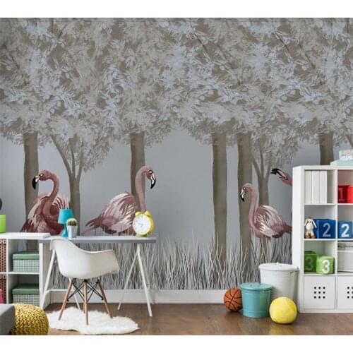 Customized 3d wallpaper Nordic hand-painted forest flamingo TV sofa wall decoration painting - high-grade waterproof material