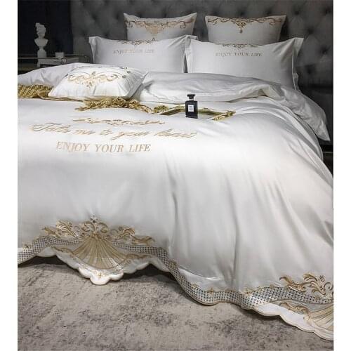 European Palace Style Satin Long Stapled Cotton White Sleep Naked Bedding Set Quit Cover Sheet Pillowcase Queen King 4 Pcs