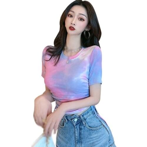 Korean Women‘s T-Shirt Round Neck Tie Dyed Drawstring Slim Open Navel Short Sleeve Tee