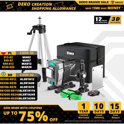 DEKO DKLL12tdP02 Series 12 Lines 3D Green Laser Level Horizontal&Vertical Cross Lines With Auto Self-Leveling, High-Precision