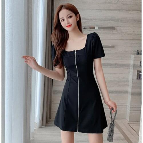 Summer Dress For Women 2020 Elegant Long Zipper Dresses Female Vintage Square Collar sundresses Black Slim Sexy Beach Vestido