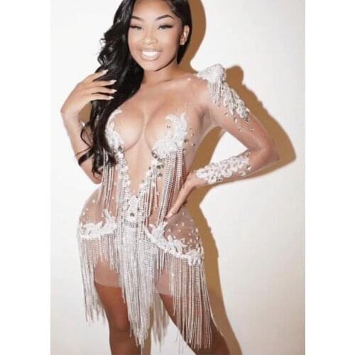 Summer Mesh Sexy Pearls Crystals Chains Dress See Through Birthday Party Celebrate Tassels Costume Nightclub Fringes outfit