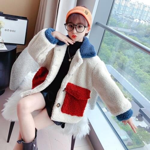 Lovely Baby Girls Clothes White Faux fur Coats Winter Plush Warm Cotton Jackets Color patch pocket Coats Kids Teen girl clothes