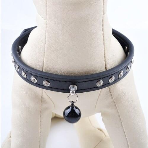 Cute Bell Small Dog Collar Pink Black Pu Leather Dog Collar for Small Dogs Rhinestones Studded Collars Puppy Pet Supplies