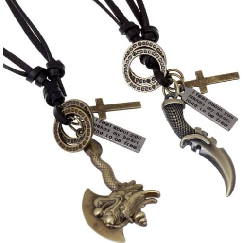 Fashion Vintage Chinese Style Pendant Necklace Alloy Dragon Axe Knife Charms Statement Cross Long Leather Chain Men Punk Jewelry