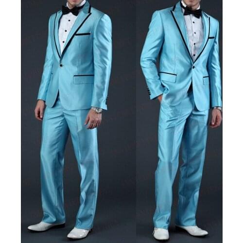 ANNIEBRITNEY 2019 Latest Coat Pant Design Blue Satin Italian Men Suit Prom Tuxedo Slim Fit 3 Piece Groom Suits Custom Blazer Set