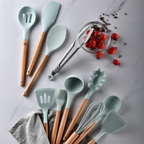 Non-toxic Silicone Kitchen Cooking Utensils Set Natural Wooden Handles Cooking Tools Turner Tongs Spatula Spoon Cookware
