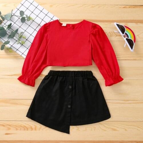 Girls Casual Two-piece Clothes Set, Solid Color Round Collar Pullover and Irregular Hem Skirt Spring Autumn