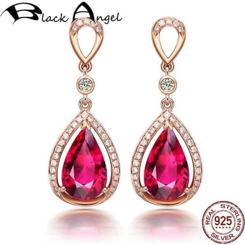 BLACK ANGEL 18k Rose Gold Water Drop Shaped Ruby Earrings 925 Sterling Silver Gemstone Drop Earrings For Women Wedding Jewelry