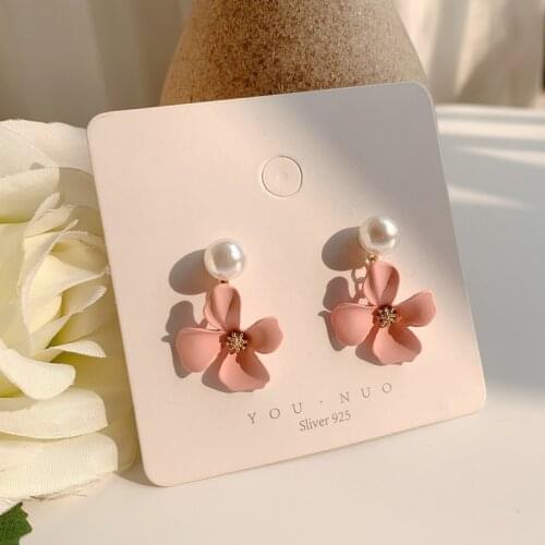 2021 Korean New Fashion Pink Flower Geometric Elegant Round Imitation Pearl Earrings for Women Students Girl Gifts Jewelry