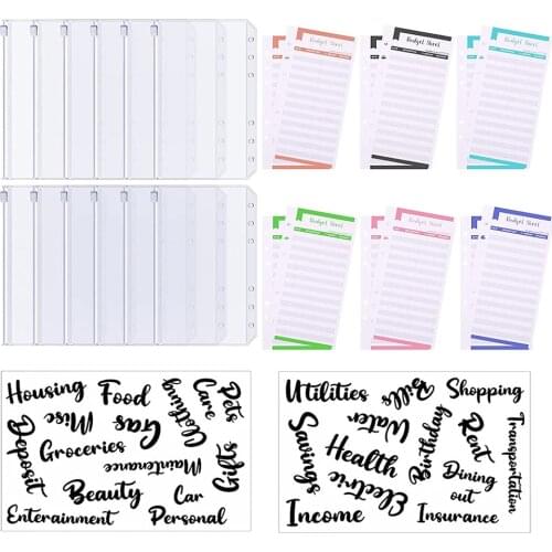 A6 Size 12 Pieces Binder Pockets and 12 Pieces Budget Sheets Expense Tracker Sheets, 26 Categories Sticker Label for Budgeting