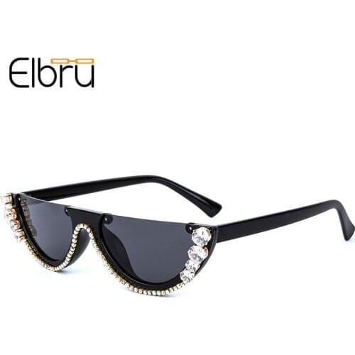 Elbru 2021 Diamond Decorated Cat Eye Semi-rimless Sunglasses Vintage Female Sunshades Brand Desianer Sun Glasses For Women Men