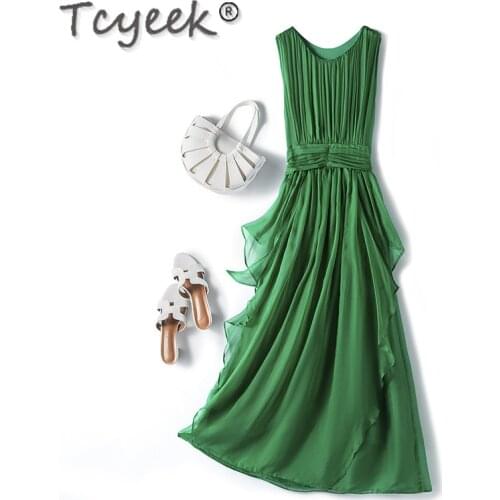 Tcyeek 100% Silk Summer Dresses for Women 2021 Bohemian Beach Dress Long White Dress Sleeveless Vestidos De Mujer Casual Gxy2