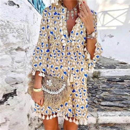 Vintage Tassel Design Women Party Dress Fashion Deep V Neck 3/4 Sleeve Lady Mini Dress Summer Casual Boho Beach Female Dresses