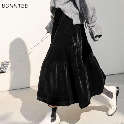 Skirts Women Autumn Solid A-line Thicker Simple Streetwear Ladies Elegant All-match Folds Leisure Comfortable Retro Chic Faldas