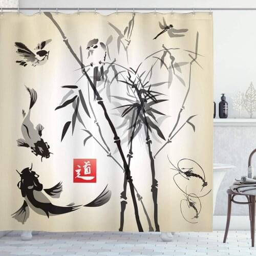 Japanese Shower Curtain Japanese Traditional Garden Design Wildlife Forest Meditation Origami Bathroom Decor Set with Hooks 84"