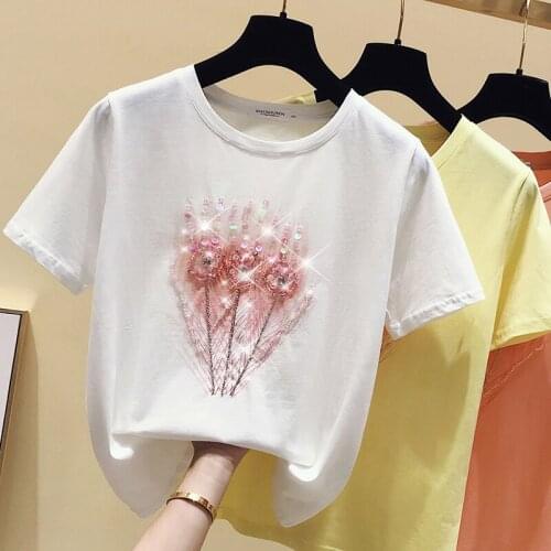 Gkfnmt Short Sleeve T Shirt Women Summer Tops Beading T-Shirt Female Korean Cotton Pink Tshirt Woman Clothes Tee Shirt Femme