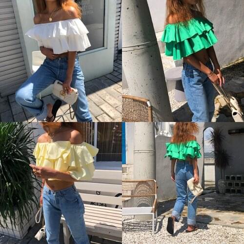 2019 Solid Sale Korean Vadim Ruffles Blusa Zanzea European And American Paragraph Umbilical Cake Bare Shoulder Shirt Woman Tops