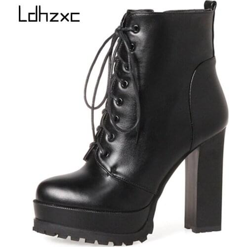 LDHZXC 2020 ankle boots for women Fashion shoes woman platform boots spring autumn top quality high heels shoes big size 34-43