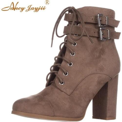 Women shoes Adult Ladies Ankle Boots Zipper Super High Square heels Cross-Tied Round Toe Buckle Spring/Autumn Fashion 2019