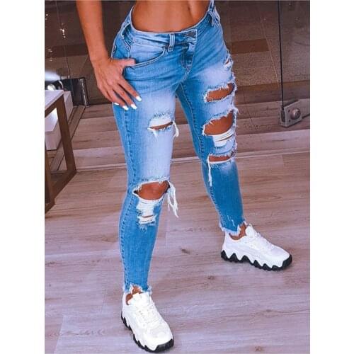 Women Low Waist Denim Jeans Ripped Hole Stretch Ankle-Length Jean Pencil Pants