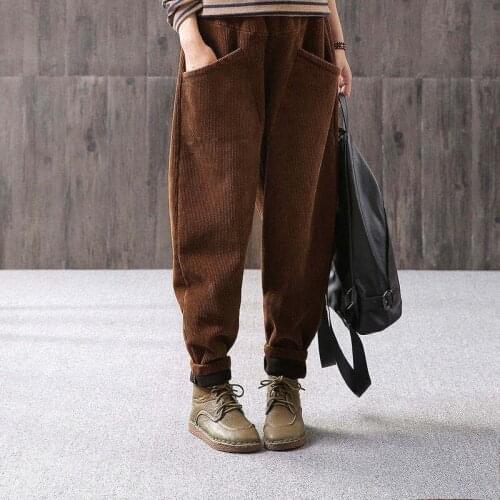 Women Autumn Elastic Waist Corduroy Pants Solid Long Trousers Vintage Corduroy Harem Pants Loose Turnip Pantalon Casual X417