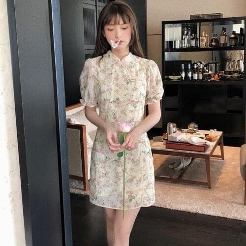 Chic Women Fashion Short Sleeve Stand Collar Cute Flower Print Elegant Lady Slim Cheongsam Dress Single Breasted Floral Vestidos