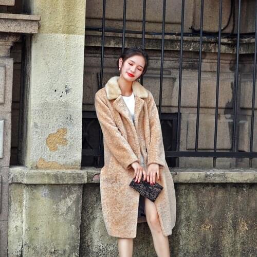 2020 Women Real Coat Natural Mink Collar Winter Thick Warm Jacket Lamb Fur Coats Genuine Sheep Overcoat WYQ944