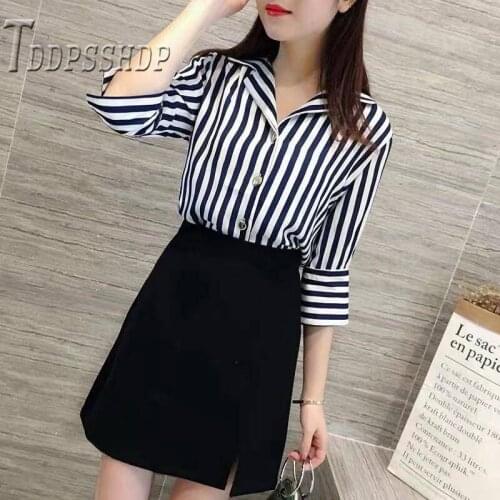2019 Fashion Autumn Women Sets Stripe Blouse And Black Color Skirt Female Sets