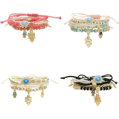 6pcs/set Bohamian Fashion Color Beads Multilayer Beaded heart eye hand Bracelets Set for Women Charm Party Gypsy Jewelry Gift