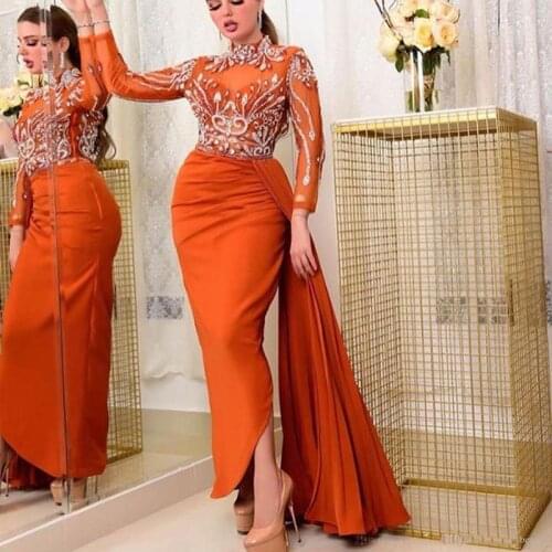 Aso Ebi Arabic Evening Dress 2020 Beaded Crystals High Neck Long Sleeves Prom Dress Mermaid Informal Reception Party Gowns