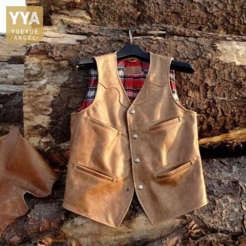 British Vintage Cowhide Cargo Vest Mens Slim Fit Single Breasted V-Neck Vests Cowboy Genuine Leather Waistcoat Sleeveless Coat